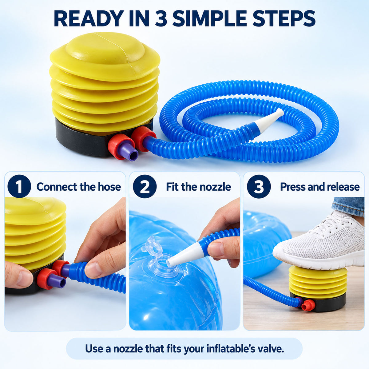 Manual Foot Press Air Pump with Flexible Hose and Tapered Nozzle (1 Pc)