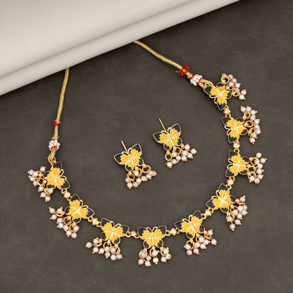 Gold-Plated Black & Yellow Enamel Butterfly Necklace Set with Pearl Drops