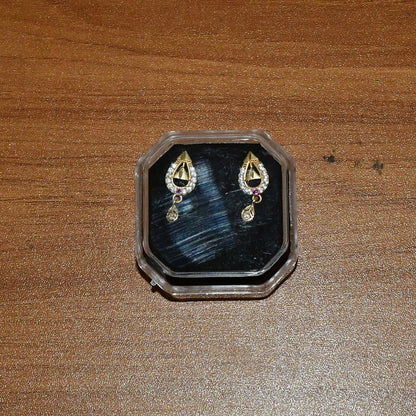 Premium Teardrop Gold Earrings with Cutwork Design & Hanging Stone