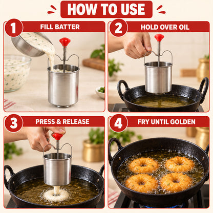 A four-step guide shows how to use the medu vada maker: fill with batter, hold over oil, press and release, and fry until