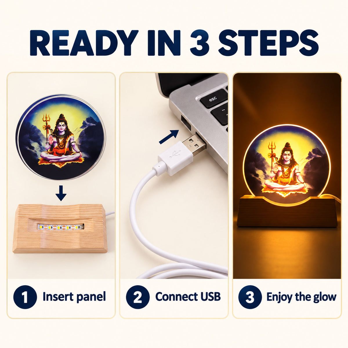 3D Mahadev LED Lamp with Wooden Base for Home Decor Shelf (1 Pc)