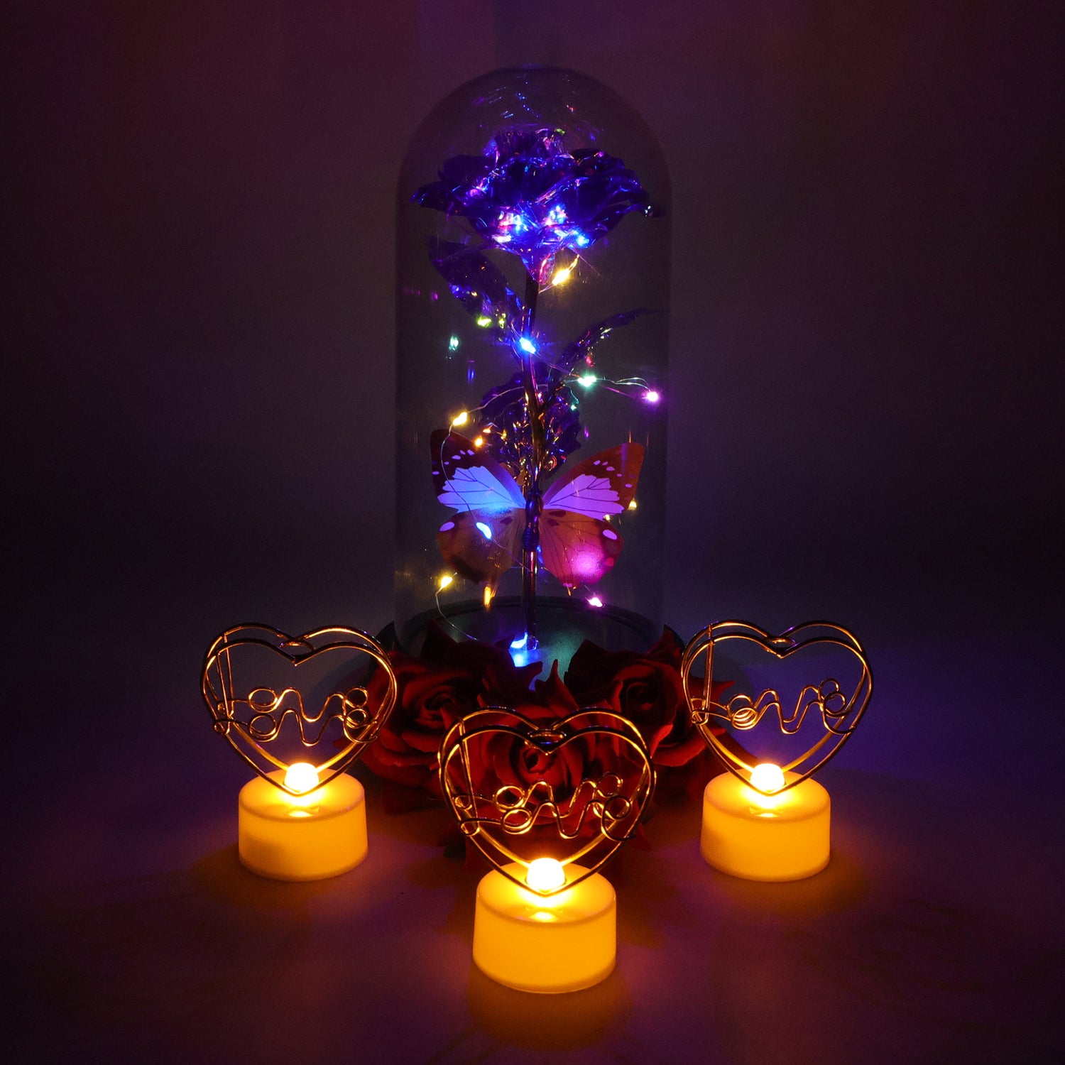 Glass dome rose and golden rose gift set