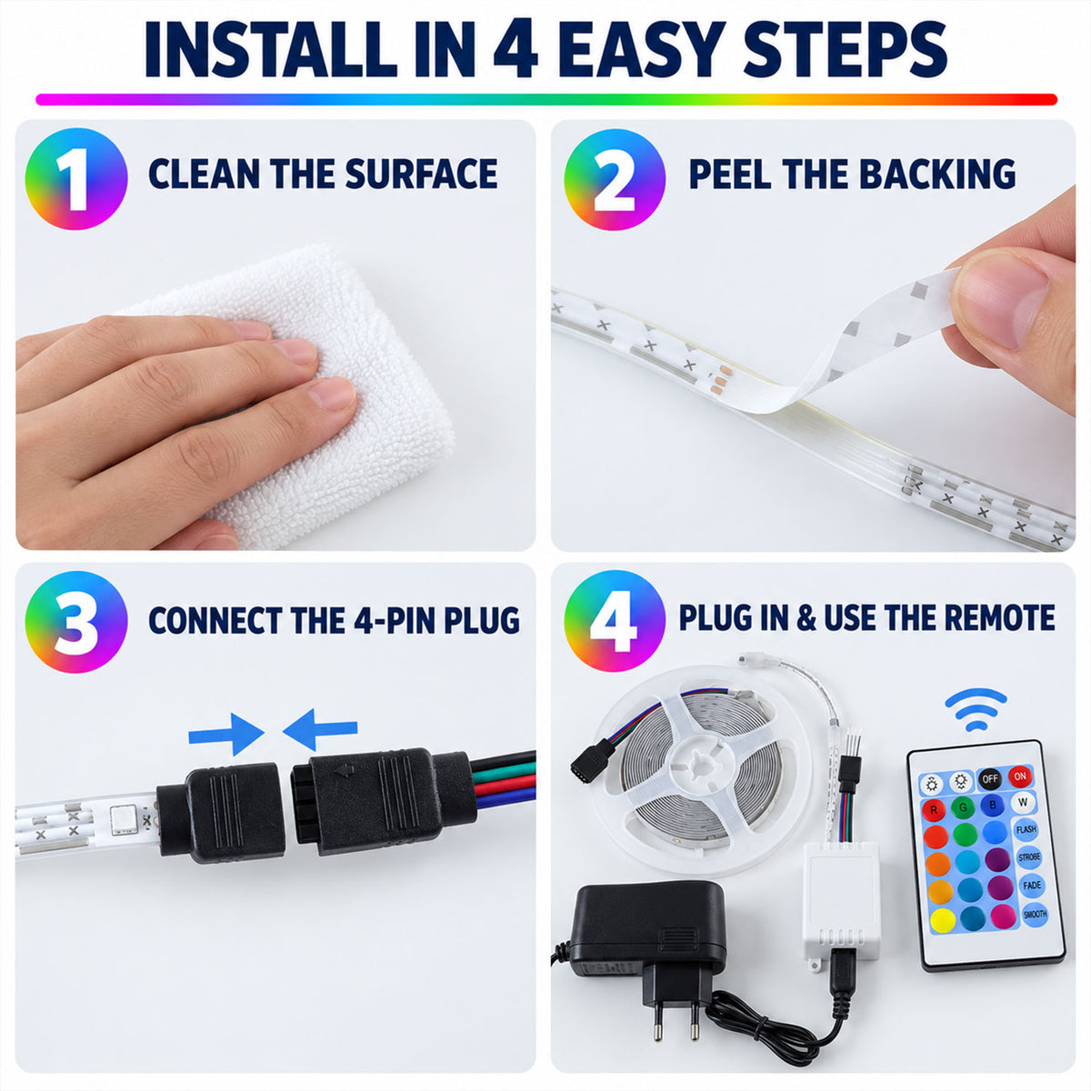RGB LED Strip Light with Remote and Adapter for Room Decor (1 Set, 3.4 Mtr)