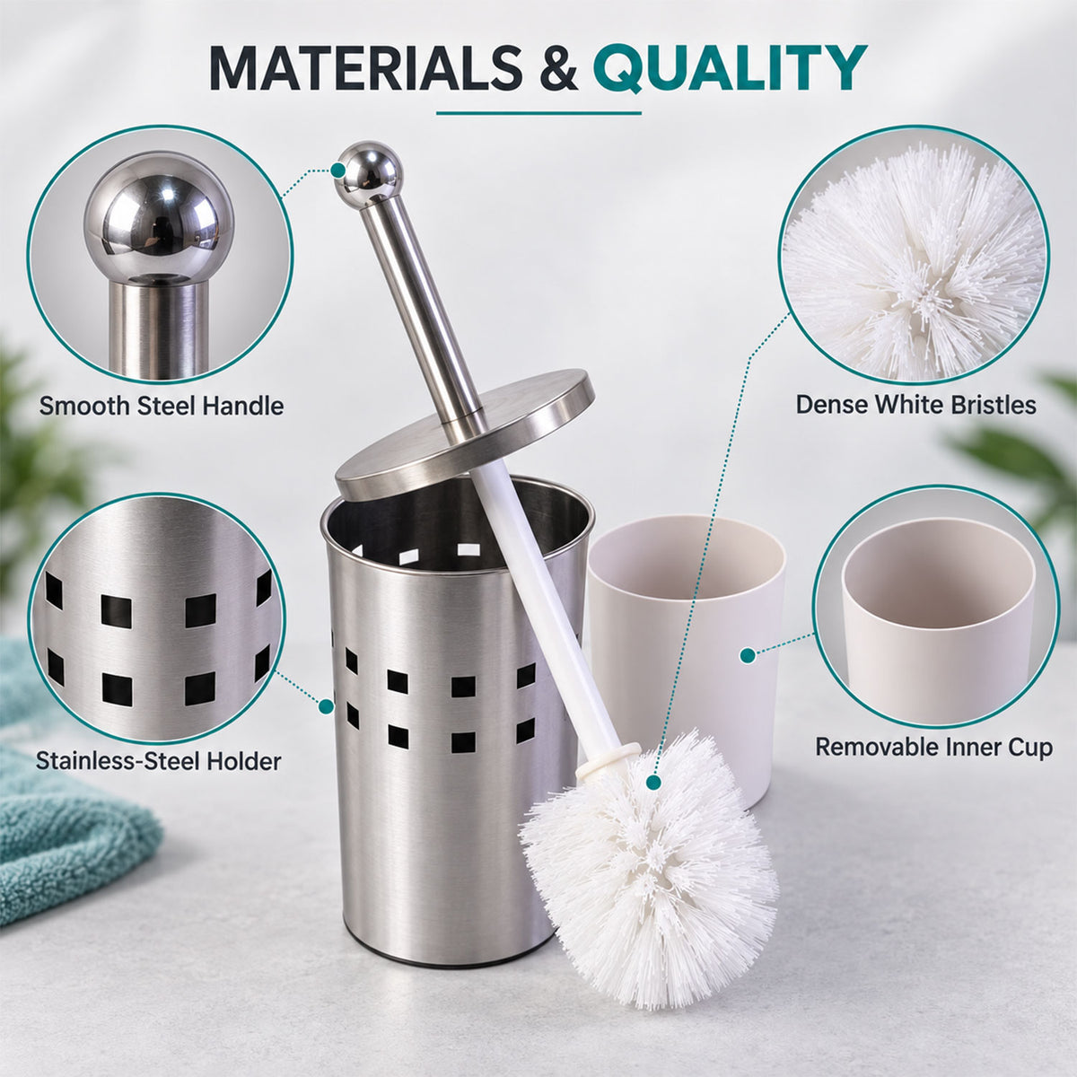 Stainless Steel Toilet Brush with Holder, Toilet Cleaning Brush Stand (1 Set)