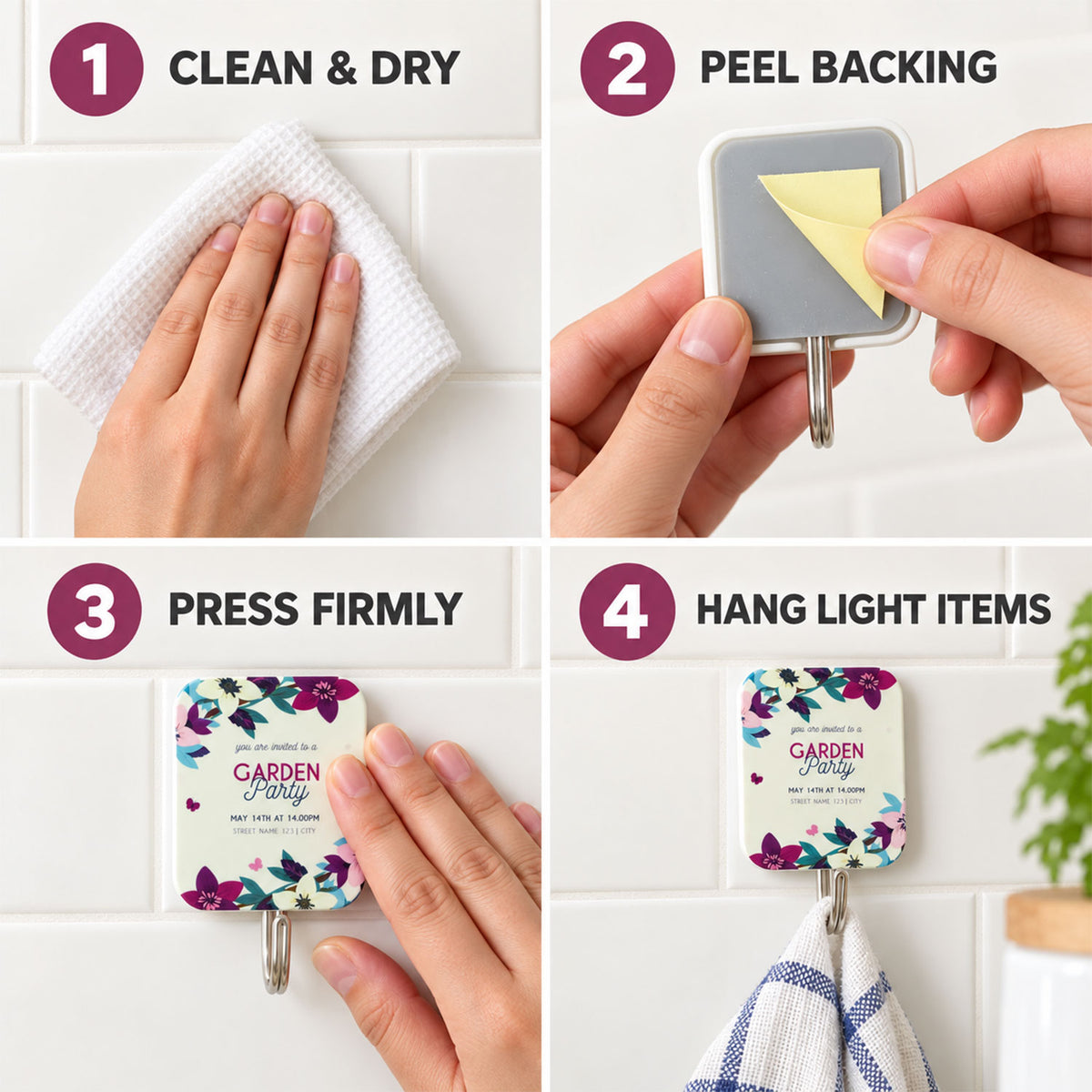 Four step-by-step images demonstrating how to clean, peel, press, and hang items on the floral sticky hooks.