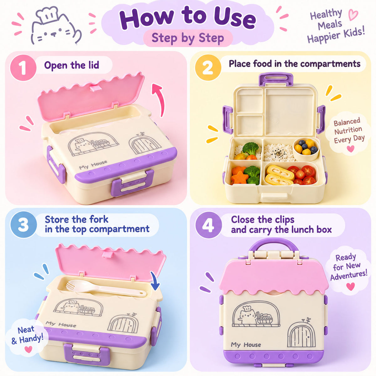 House Shape Plastic Kids Lunch Box with Handle and Spoon Fork (17 x 17 x 6.5 Cm)