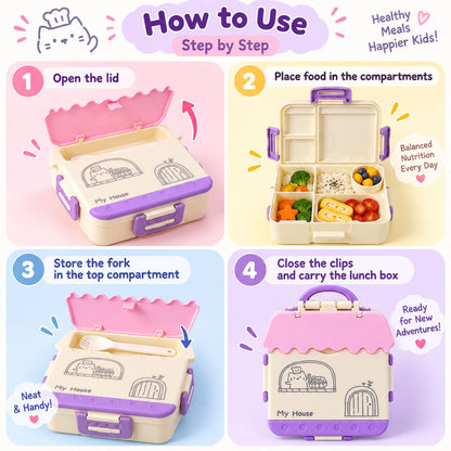 House Shape Plastic Kids Lunch Box with Handle and Spoon Fork (17 x 17 x 6.5 Cm)