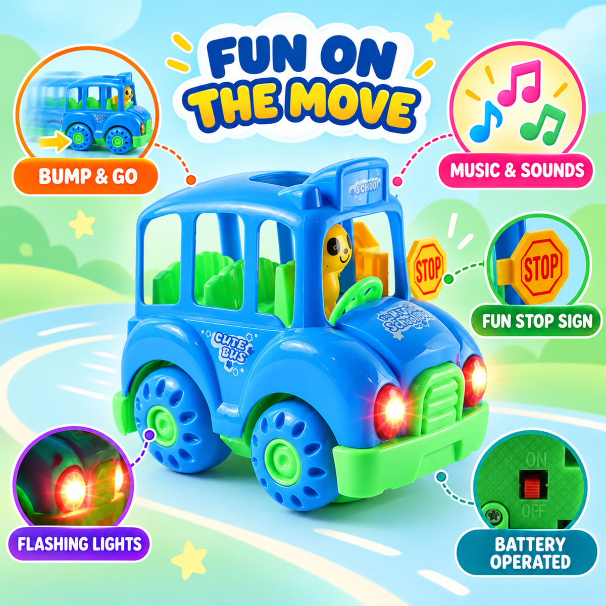 Battery Operated Musical School Bus Toy with Flashing Lights and Motion (1 Pc)