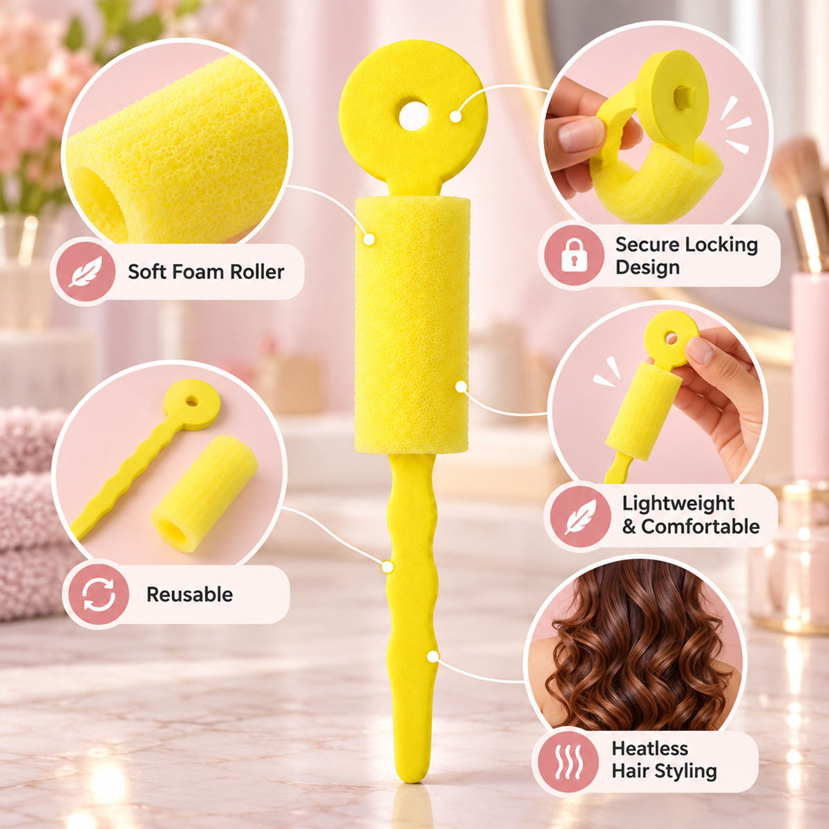 Soft Foam Hair Curling Roller with Locking Strap for Heatless Hairstyling (1 Pc)