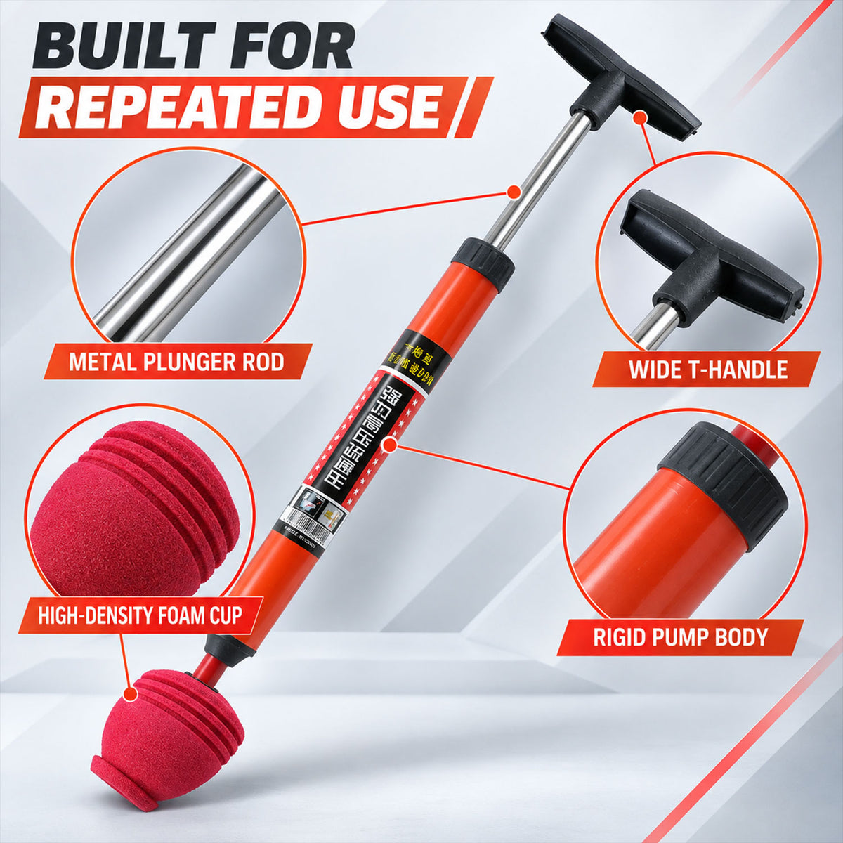An orange and red pump plunger with callouts for its metal rod, T-handle, foam cup, and rigid body.