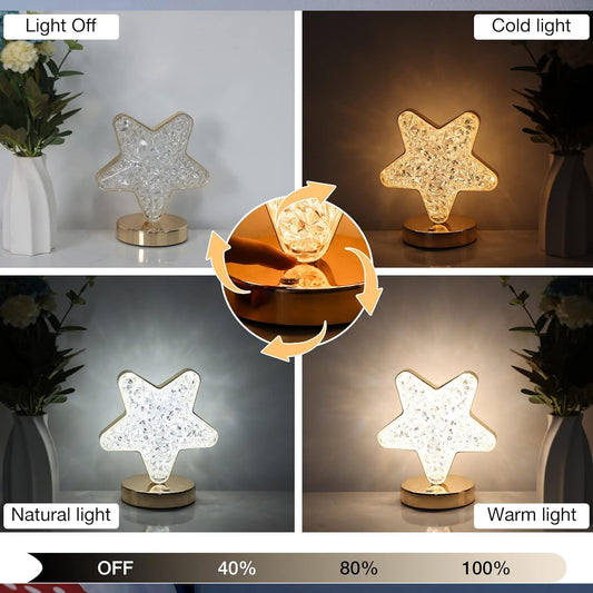 Star Crystal Diamond Touch Lamp – USB Rechargeable, 3-Way Dimmable