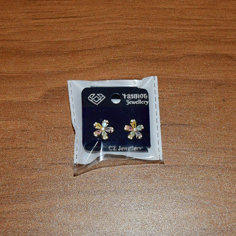 Multicolor Crystal Petal Flower Stud Earrings with Gold Finish for Women