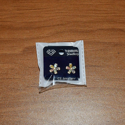 Multicolor Crystal Petal Flower Stud Earrings with Gold Finish for Women