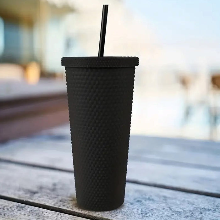 0304 Cup with Straw Reusable Matte Studded Tumbler with Leak Proof Lid Water Cup Travel Mug Coffee Ice Water Bottle Double Walled Insulated Tumbler BPA Free (1 Pc / Mix Color)