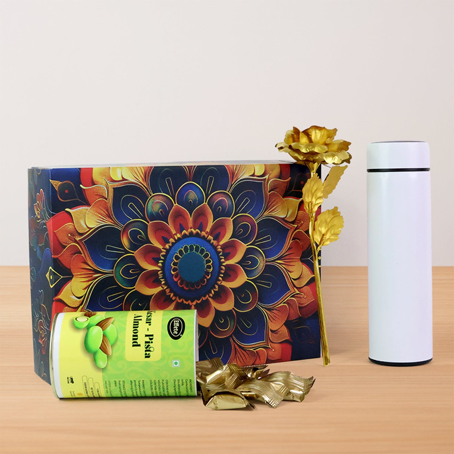 Effete Kesar Pista Almonds Gift Hamper, Golden Rose With Bottle (3 Pc Set)