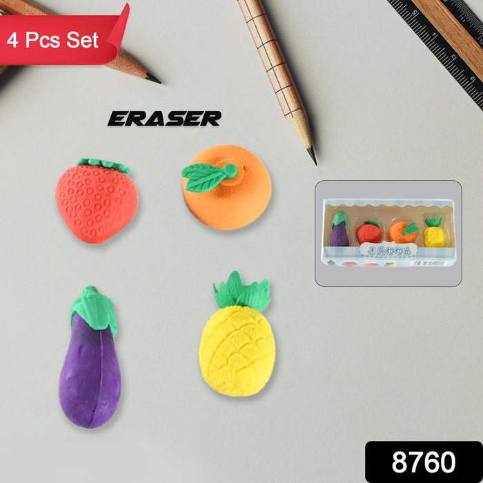Mini Cute Vegetables and Fruits Erasers or Pencil Rubbers for Kids, 1 Set Fancy & Stylish Colorful Erasers for Children, Eraser Set for Return Gift, Birthday Party, School Prize, 3D Erasers  (4 pc Set)