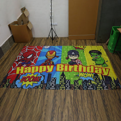 Kids Birthday Party Backdrop Curtain with Cartoon Hero Print (265x117 Cm)