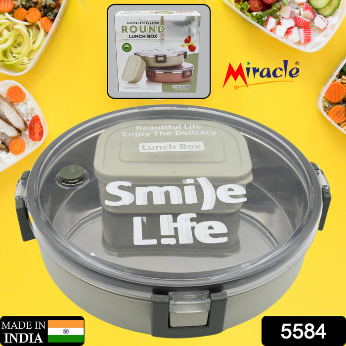Miracle Stainless Steel Round Lunch Box, with Small Plastic Box Insert Leak Proof Lunch Box with Transparent lid, Lunch Box for Kids & Adults for School, Office (450 ML + 250 ML Approx)