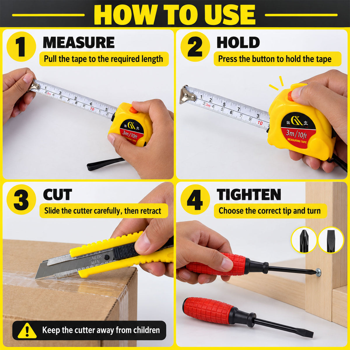 4 in 1 Hand Tool Kit for Garage and Hardware Repairs, Compact Tool Set (1 Set)