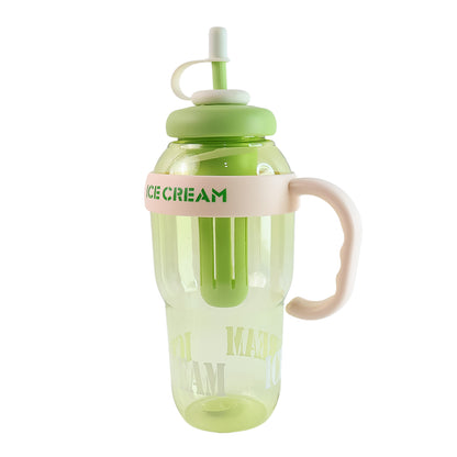 A clear plastic bottle with a green lid, straw, and handle, displayed on a white background.