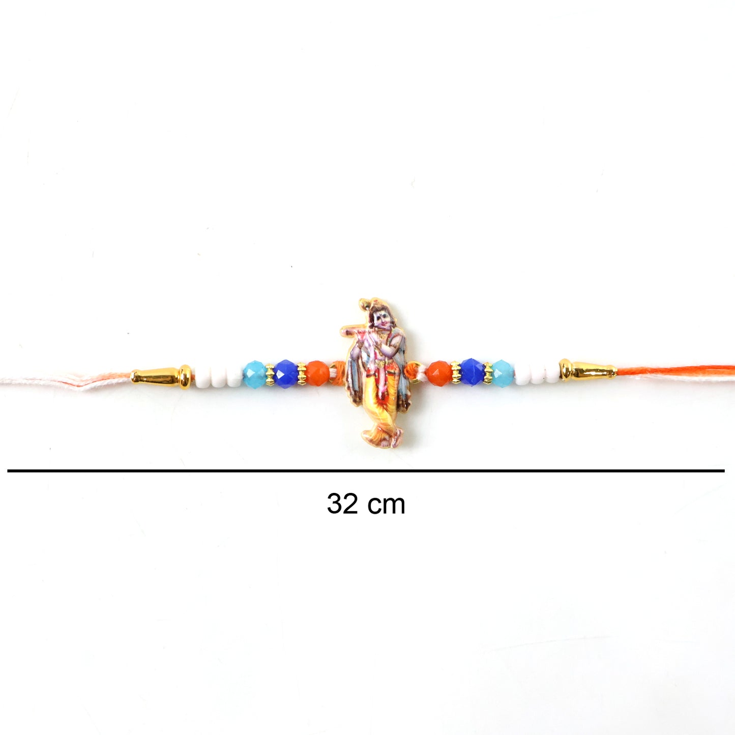 Side angle of colorful beads on Lord Krishna Rakhi