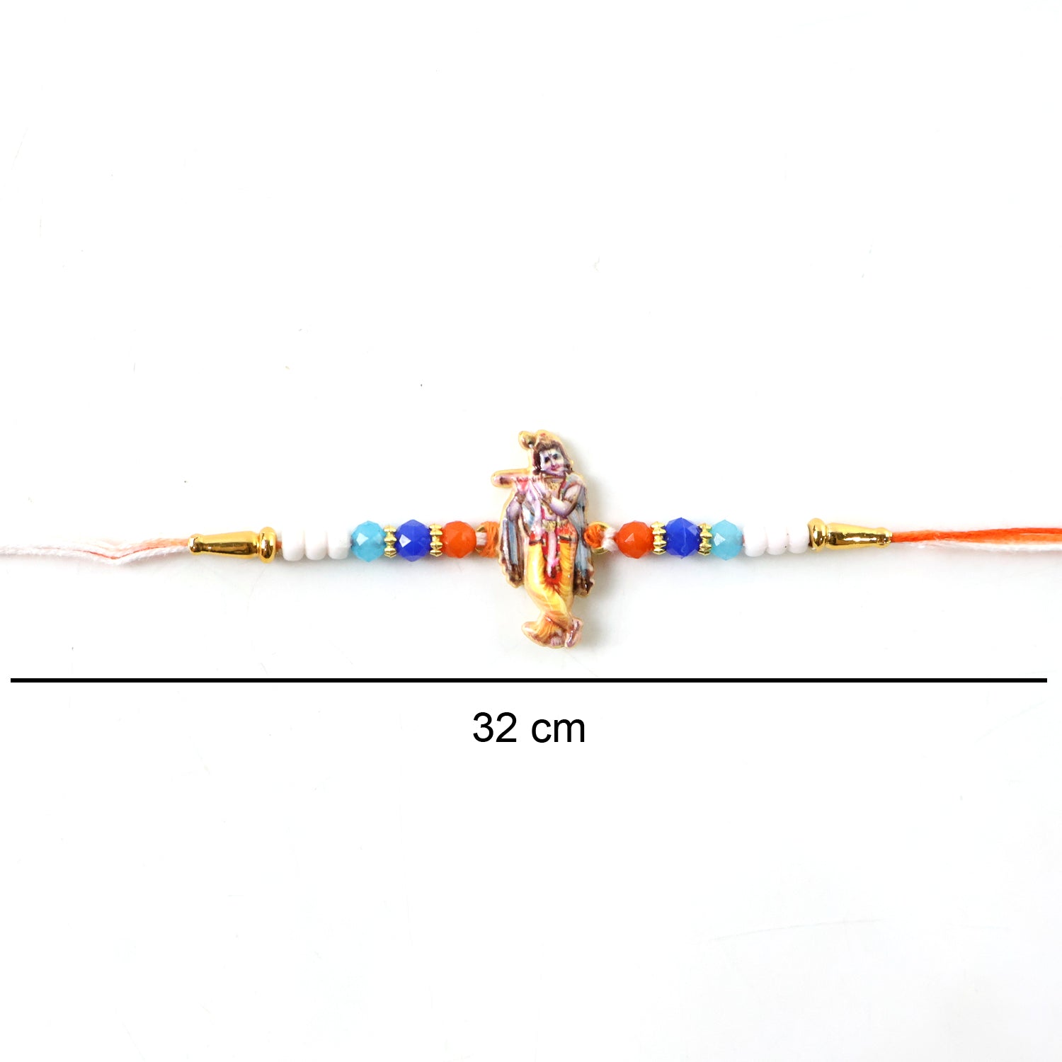 Side angle of colorful beads on Lord Krishna Rakhi