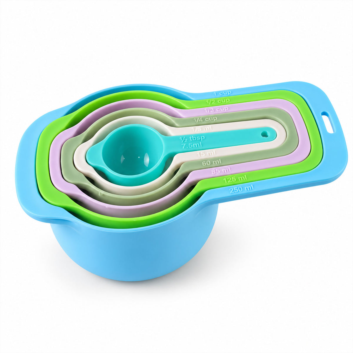 Detailed view of plastic measuring spoons.