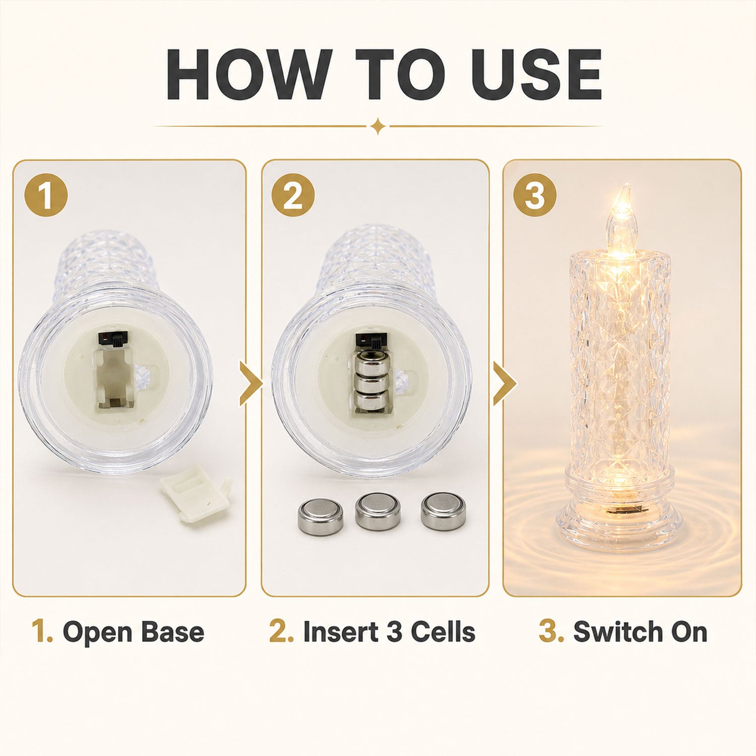 Three steps demonstrating how to use the crystal LED candle: open base, insert 3 cells, and switch on.