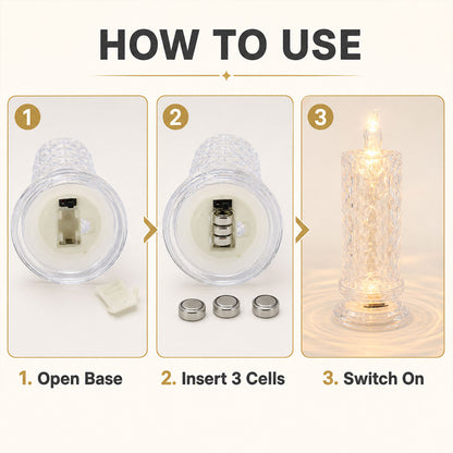 Three steps demonstrating how to use the crystal LED candle: open base, insert 3 cells, and switch on.