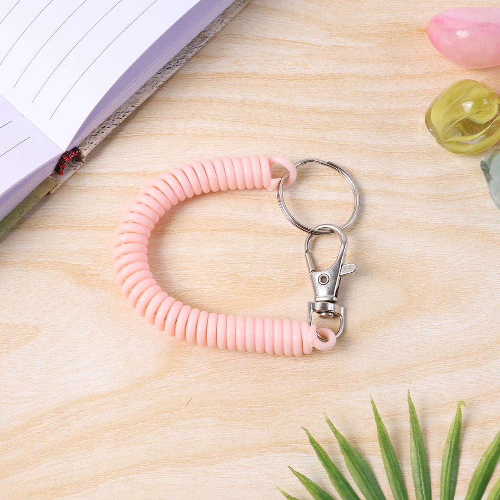 Elastic Spiral Coil Keychain Bracelet with Metal Key Ring and Clip Hoo