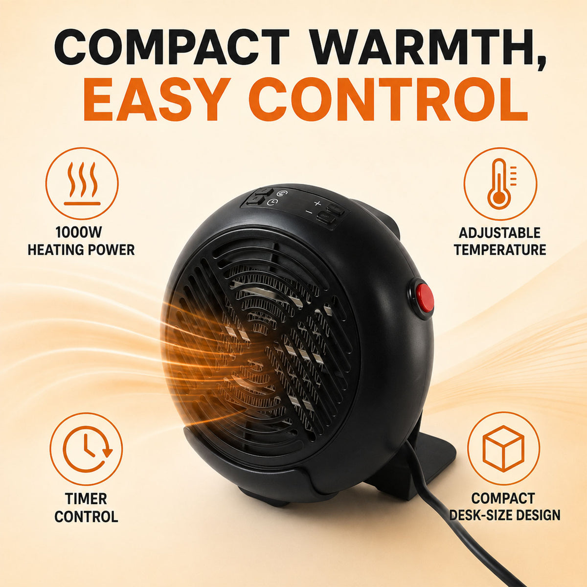 Room heater controls and heating features