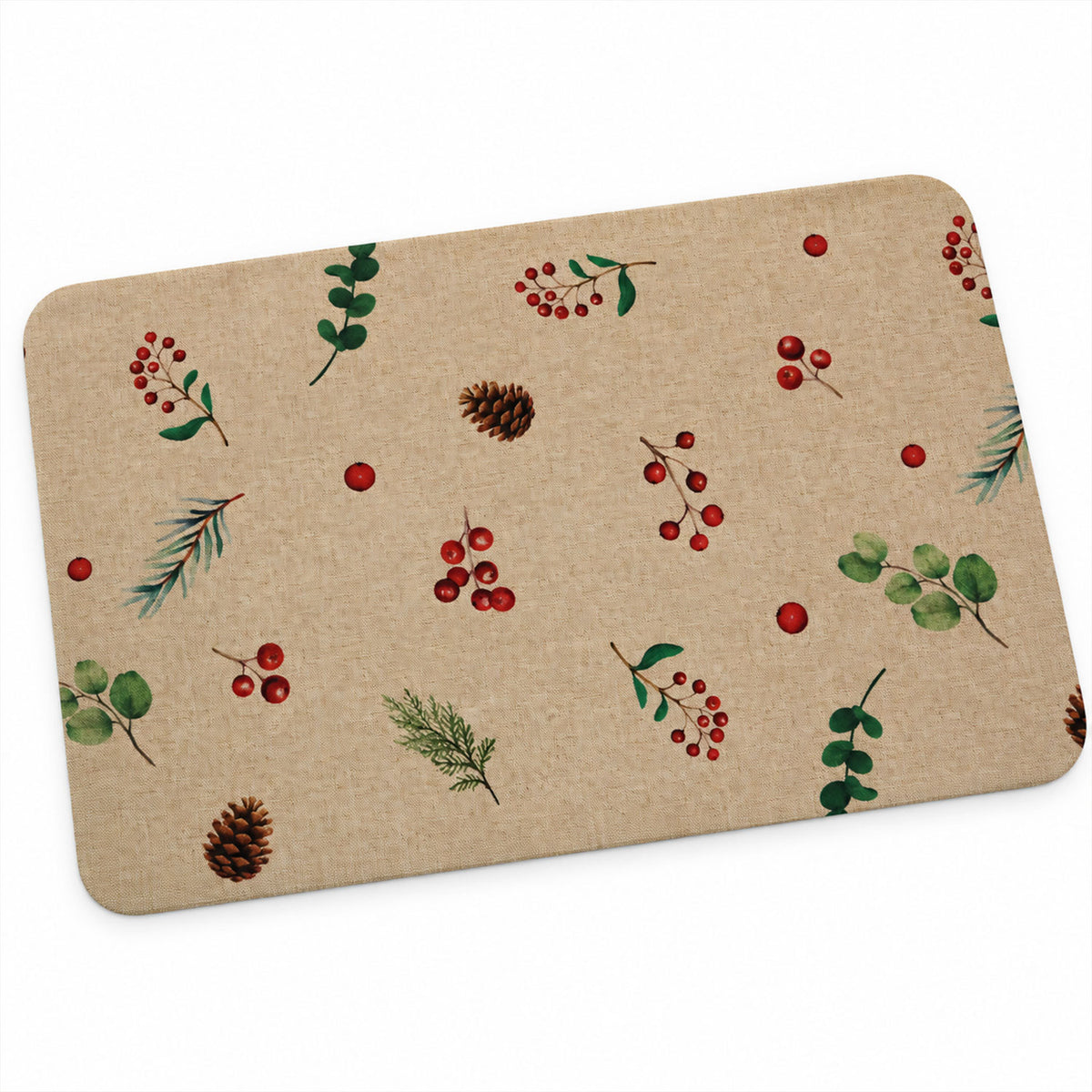 Botanical Berry Print Bath Mat, Linen Look Anti-Slip Floor Rug (1 Pc, 57x38 Cm)