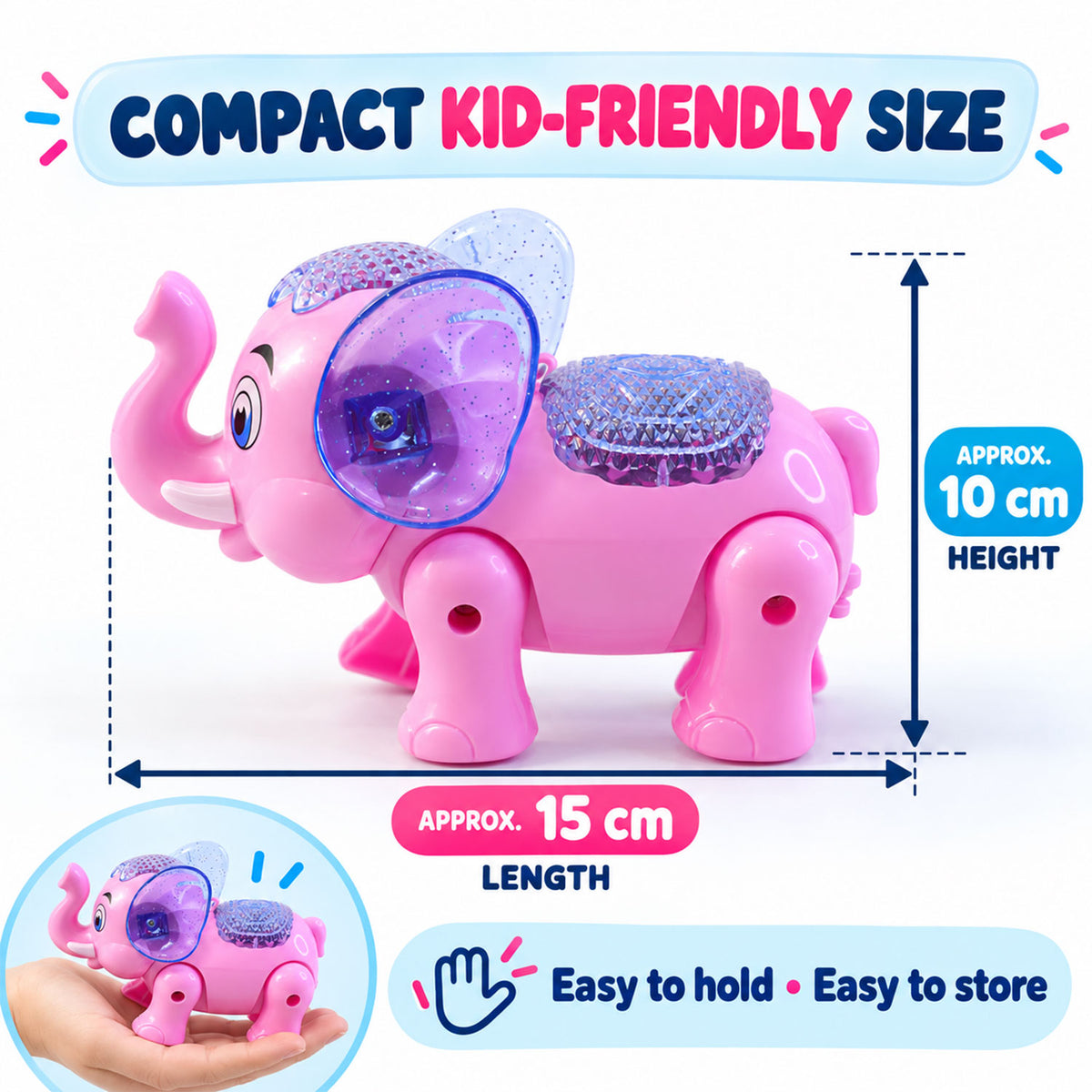 Musical Elephant Toy with Colourful Lights for Fun Indoor Playtime (1 Pc)