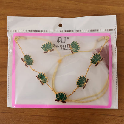 Green Lotus Necklace with Adjustable Thread & Stud Earrings Set