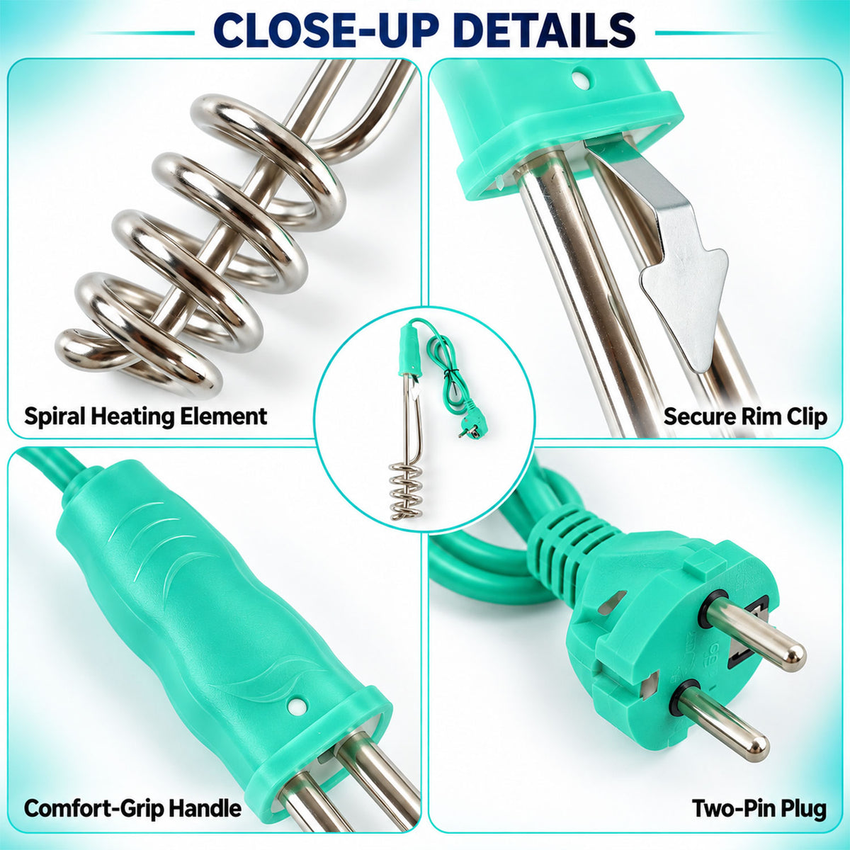 Electric Immersion Water Heater Rod with Spiral Coil and Hanging Rim Clip (1 Pc)