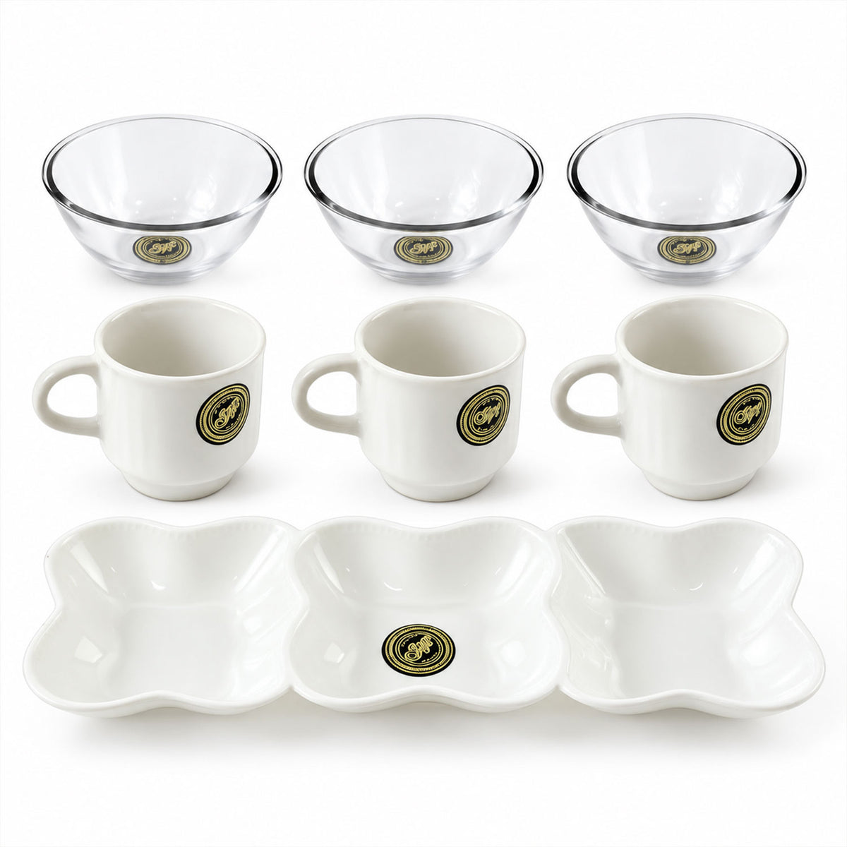 A clean, top-down view of the seven-piece serving set on a white background, featuring three white ceramic mugs, three clear