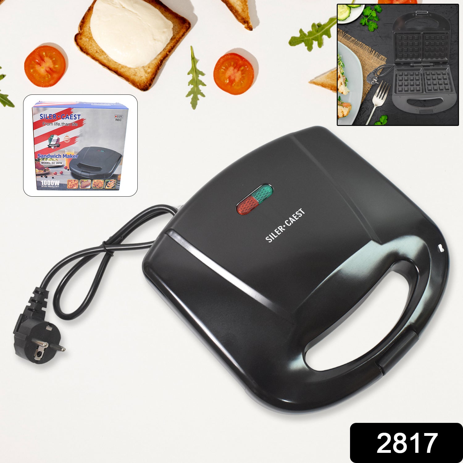 Sandwich Maker – Makes 2 Square Sandwiches, Non-Stick Plates, Easy to Clean