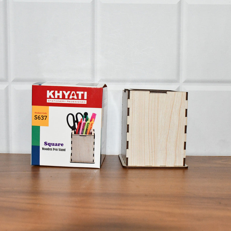 Khyati Square Wooden Pen Stand – Elegant Desk Organizer for Office & Study Table