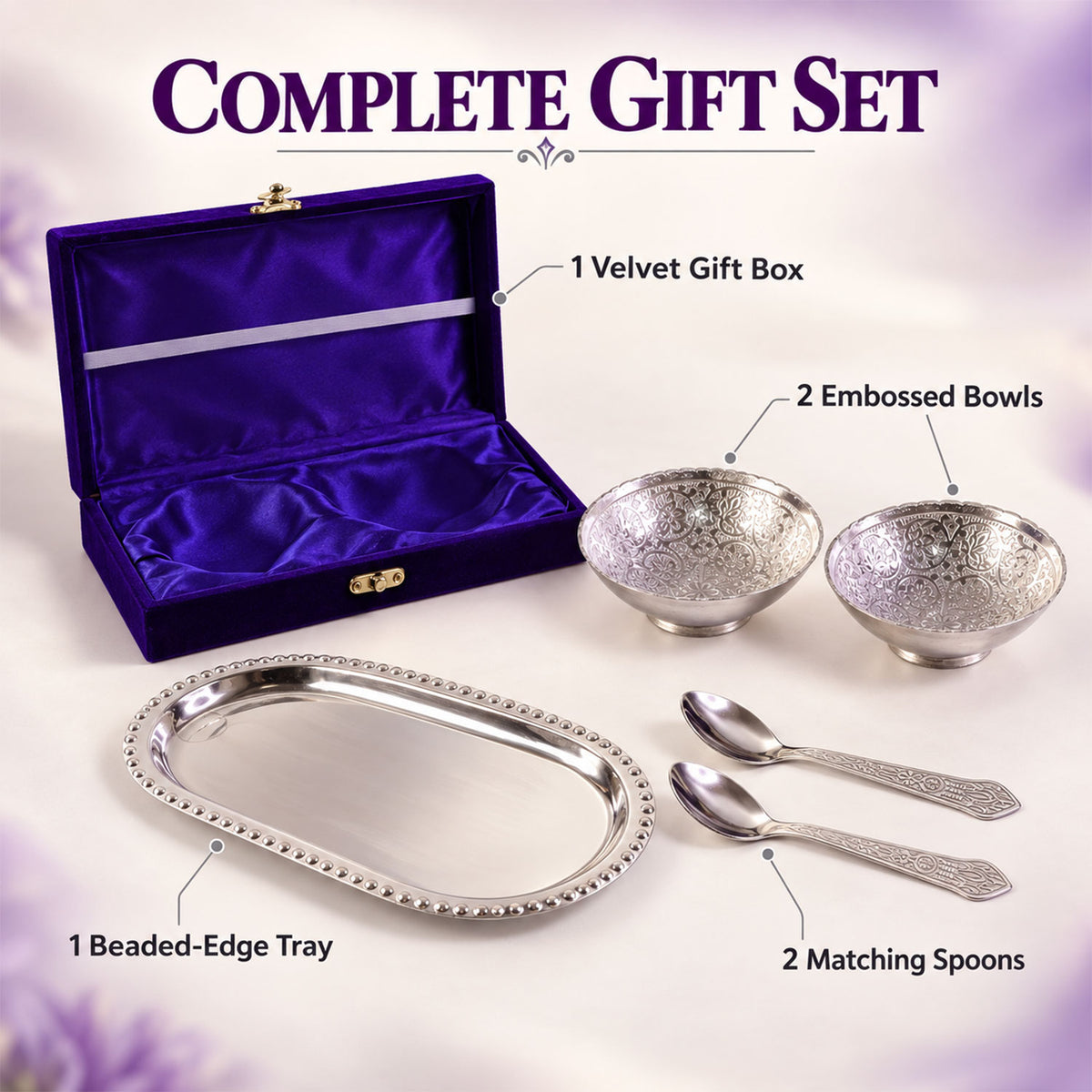 Silver-Plated Brass Bowl Set with Elegant Serving Tray & Velvet Gift B