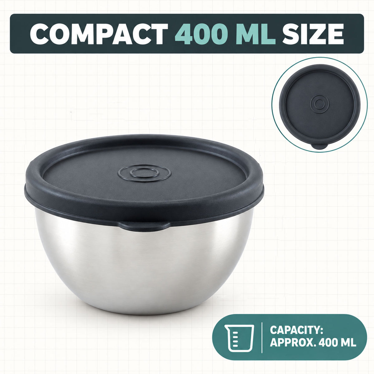Apex Stainless Steel Food Container 400 ML with Lid, Round Storage Bowl (1 Pc)