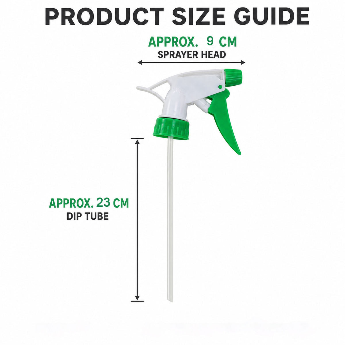 A white and green plastic trigger sprayer nozzle with dimensions for sprayer head and dip tube.