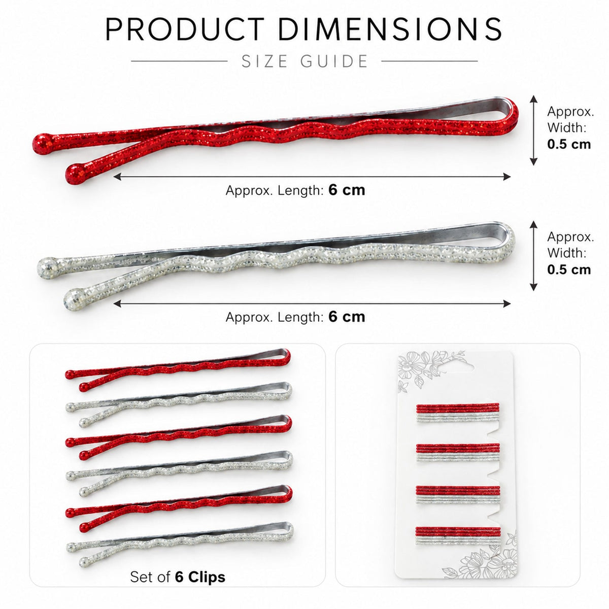 glitter red and silver metal hair pins set