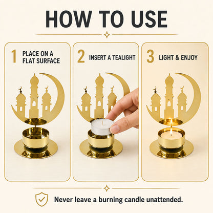 A three-panel graphic demonstrating how to place, insert, and light a tealight candle in the holder.