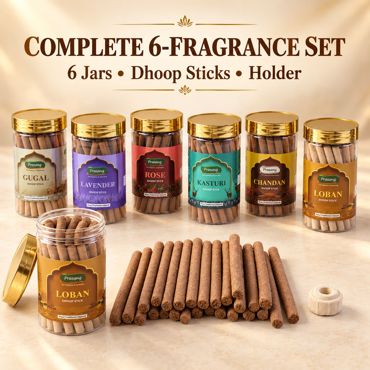 Assorted Fragrance Dhoop Sticks Jar Combo for Daily Puja (6 In 1, 100 Gm Each)
