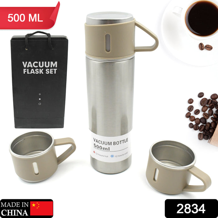 Stainless Steel Vacuum Flask Set with 3 Steel Cups Combo for Coffee Hot Drink and Cold Water Flask Ideal Gifting Travel Friendly Latest Flask Bottle. (500ml)