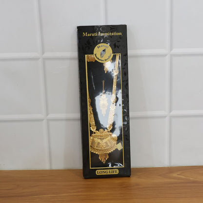 Majestic Gold-Finish Long Necklace Set with Intricate Traditional Craftwork