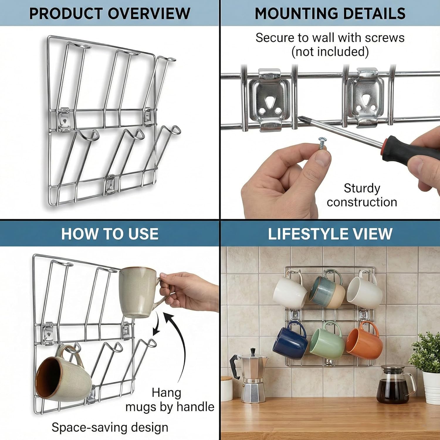 Side view of stainless steel wall-mounted mug rack