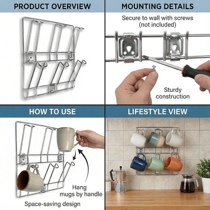 Side view of stainless steel wall-mounted mug rack