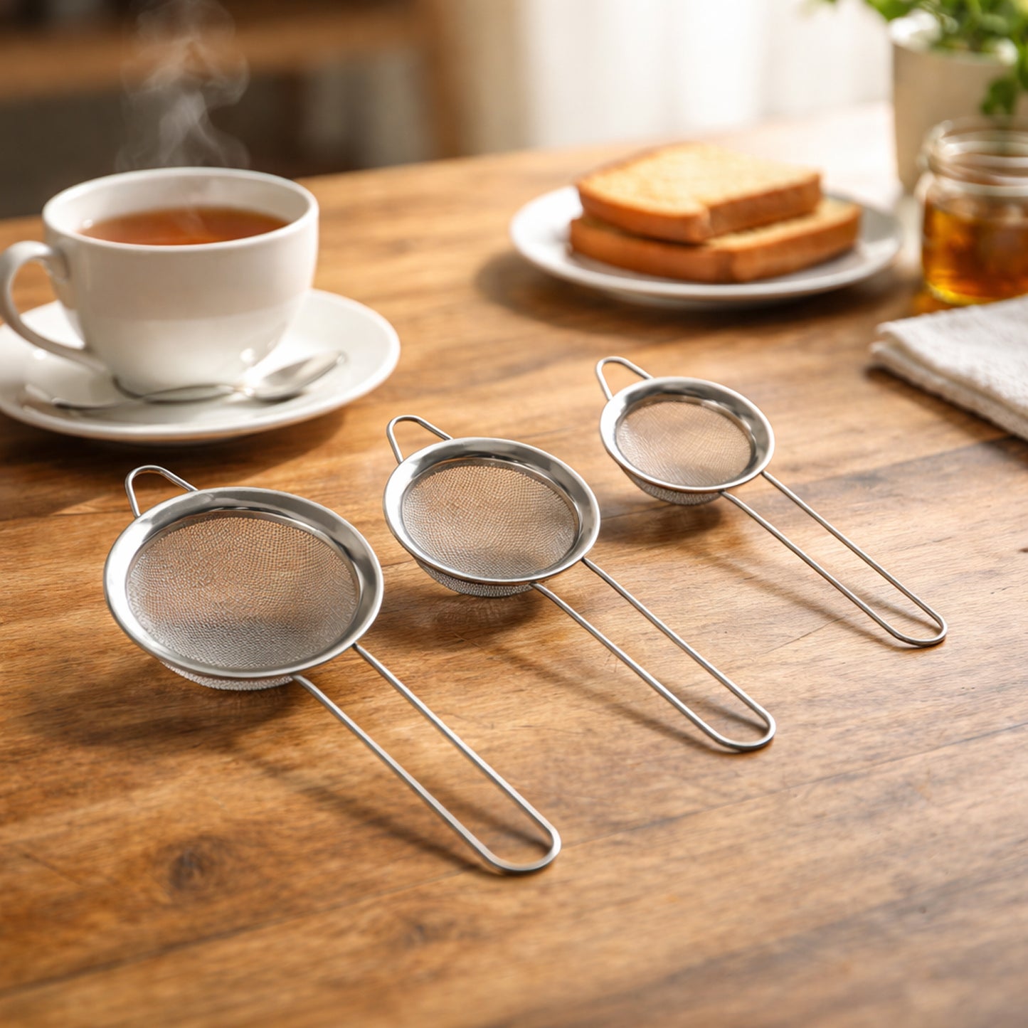 Tea strainers lined up on table