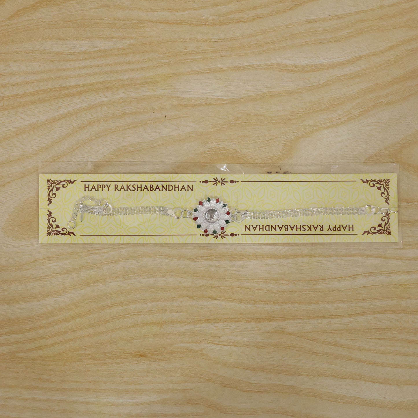 Silver Lotus Mandala Floral Enamel Crystal Stone Chain Rakhi